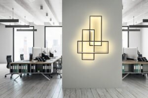Contemporary coworking interior with banner