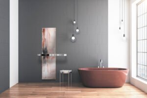 Luxury loft bathroom with self care products.